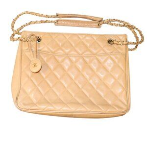 Chanel Quilted Beige Lamb Leather Shoulder Bag With Chain Strap & CC Charm